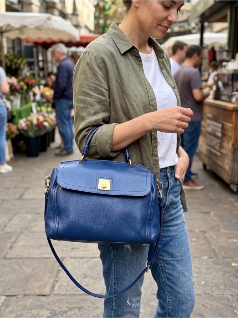 MCM Munchen Navy Pebbled Leather Large Satchel  Top Handle Crossbody bag